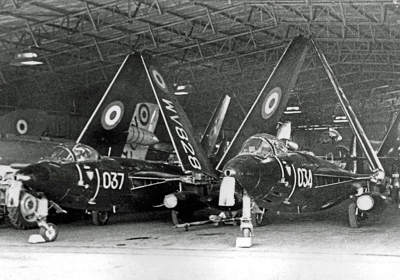 Two Sea Hawk FGA.6 of the Fleet Requirements Unit at Bournemouth (Hurn) Airport in 1967