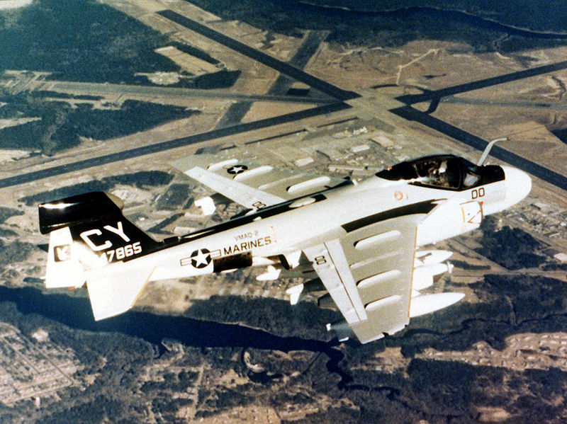 A Marine EA-6A Intruder over Cherry Point, 1978. The two-seat EA-6A would be followed by the four-seat EA-6B Prowler.