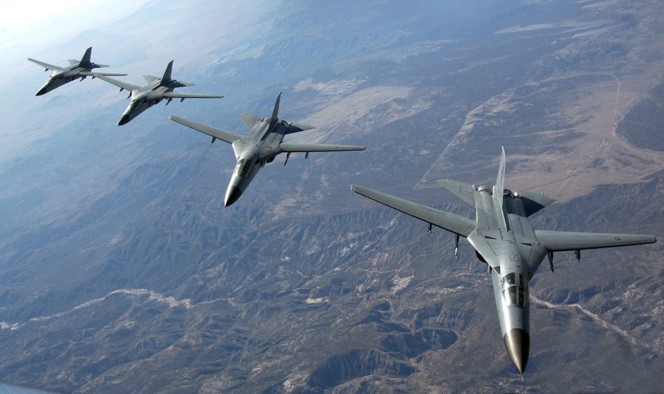 Four Royal Australian Air Force F-111 strike aircraft head out to the ranges on Nellis Air Force Base, Nev., Feb. 14, 2005, during Operation Red Flag 