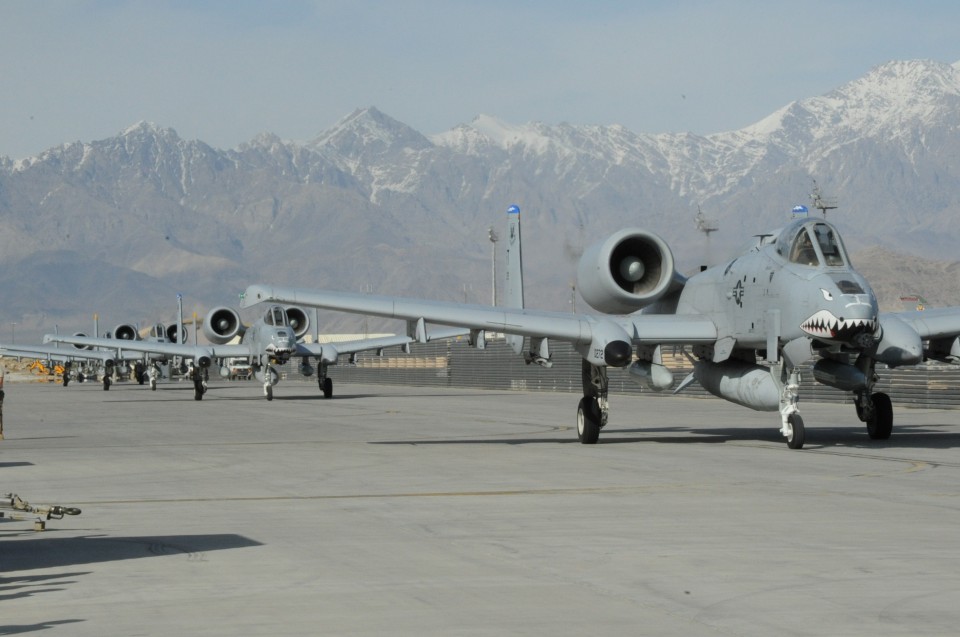 U.S. Air Force A-10 Thunderbolt II aircraft taxi toward a parking area upon arriving at Bagram Airfield in Parwan province, Afghanistan 2013. 