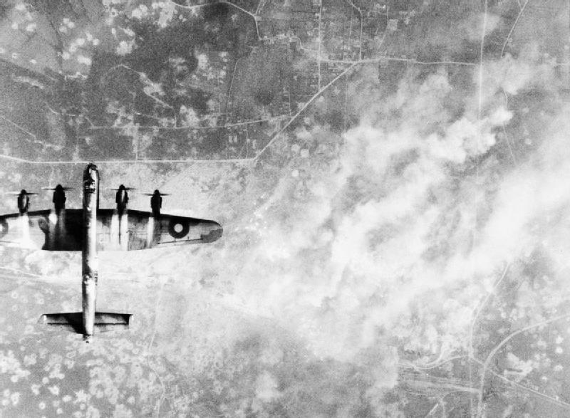 103 Squadron Lancaster over the German V-2 launch site at Wizernes, France