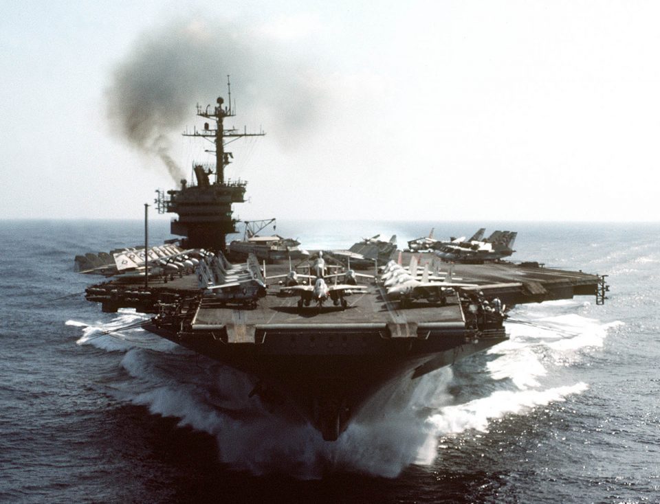 A bow view of the aircraft carrier USS JOHN F. KENNEDY (CV-67) underway.