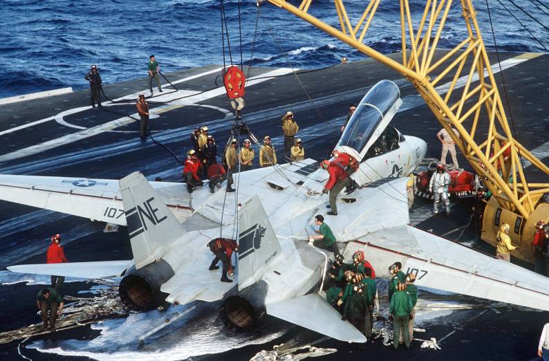 F-14A Tomcat VF-1 CVW-2 embarked on USS Kitty Hawk CV 63 after an emergency barricade landing - 1984