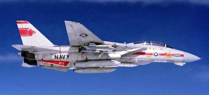 F-14A Tomcat VF-1 CVW-2 loaded with AIM-9 Sidewinder, AIM-7 Sparrow and AIM-54 Phoenix missiles - 1988