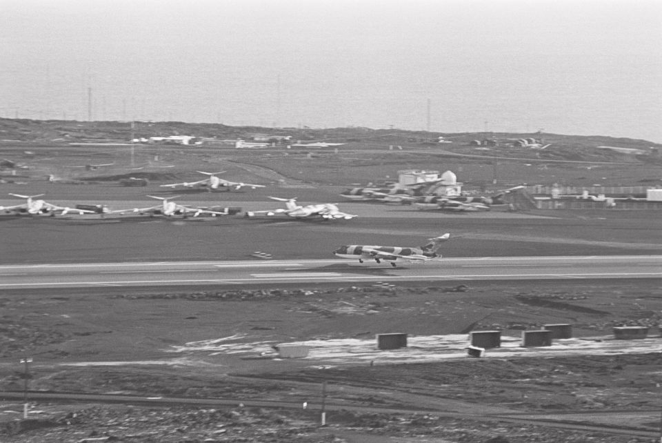 A partial panorama of Wideawake airfield and below a Victor tanker landing
