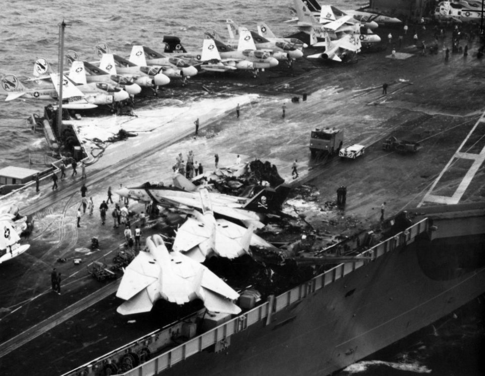 Wreck of an EA-6B Prowler after it crashed during a night landing, 1981