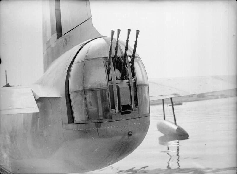 he Frazer-Nash FN13 rear turret of a Sunderland of No 210 Squadron at Oban, August 1940. The Sunderland was the first RAF flying boat to be fitted with power-operated gun turrets.