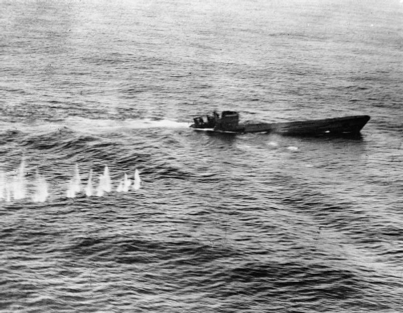U426, a Type VIIC submarine, down by the stern and sinking, after attacks by a Short Sunderland flying boat