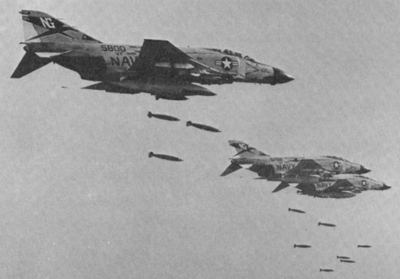 Fighter Squadron VF-96 Fighting Falcons F-4J Phantom dropping bombs over vietnam