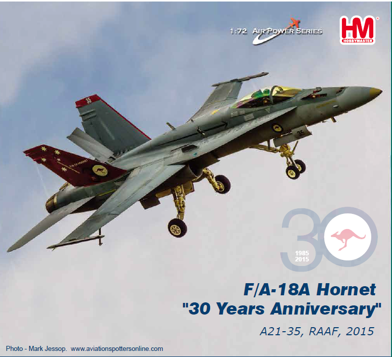  McDonnell Douglas F/A-18A "A21-35" "30 Year Anniversary" of RAAF F-18 Hornet Box art is by Mark Jessop of aviationspottersonline.com 