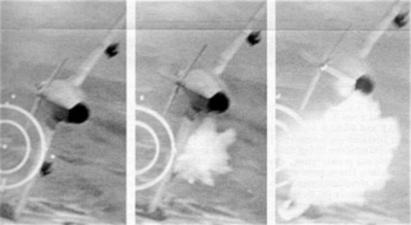 Gun camera sequence photo showing a North Vietnamese MiG-17-fighter being shot down 3rd June 1967