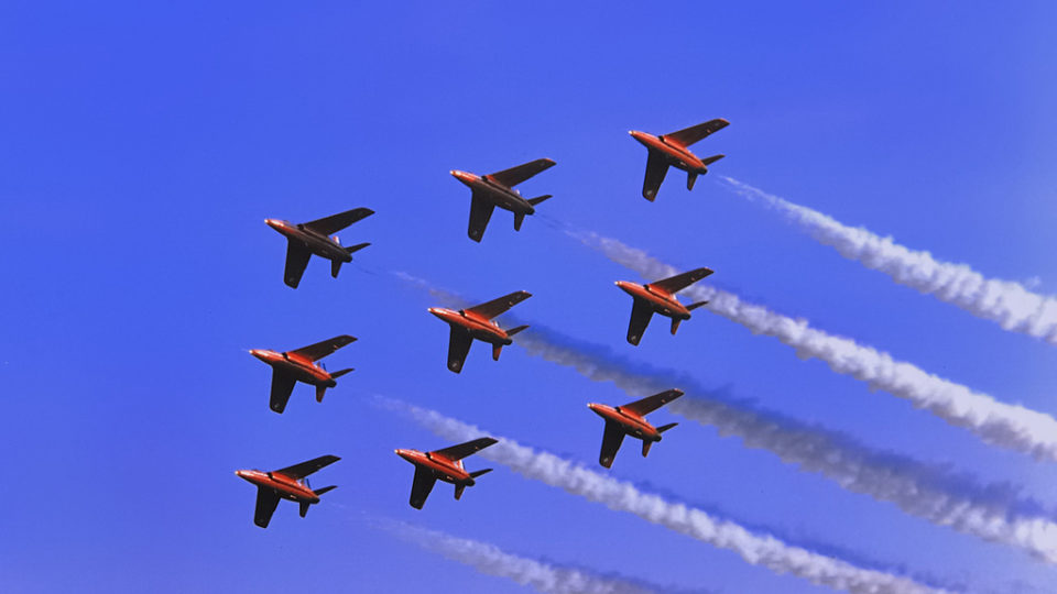  RAF Biggin Hill England 1969 - Red Arrows Folland Gnat diamond aerobatic formation with smoke trails