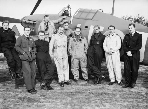 Squadron Leader Douglas Bader DSO (front centre) with some of the Canadian pilots of No. 242 Squadron