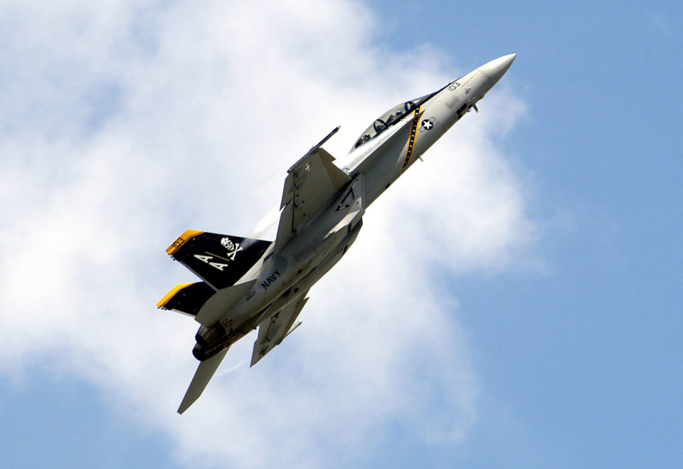 An F/A-18F Super Hornet "Jolly Rogers" of Strike Fighter Squadron One Zero Three (VFA-103)