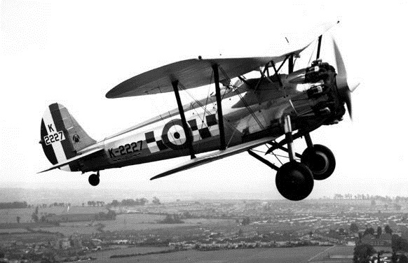 Bristol Bulldog Mk.IIA K-2227, the same type airplane flown by Pilot Officer Bader when he crashed 14 December 1931. K-2227 is in the collection of the Royal Air Force Museum.