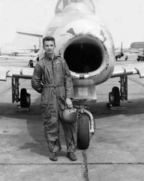 Major Richard L. Johnson with the record-setting North American Aviation F-86A Sabre.