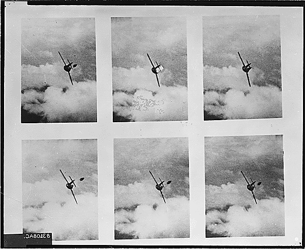 Ejection of a MiG Pilot—This unusual sequence of photos, taken by the gun camera of a USAF F-86 Sabre, shows a MiG-15 pilot abandoning his aircraft after being hit by the Sabre's gunfire. 