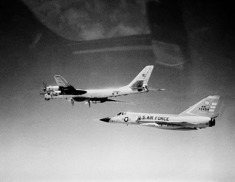A Soviet Tu-95 is intercepted by a F-106A off Cape Cod in 1982