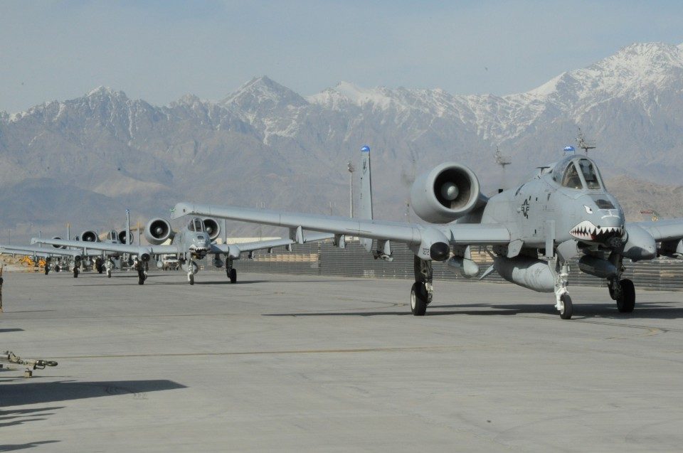U.S. Air Force A-10 Thunderbolt II aircraft taxi toward a parking area upon arriving at Bagram Airbase Afghanistan.