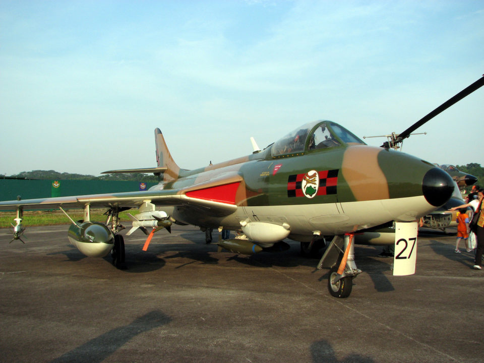 A retired 140 Squadron, Republic of Singapore Air Force Hawker Hunter FGA.74S, serial number 527 (ex-RAF XF458), at the RSAF Museum