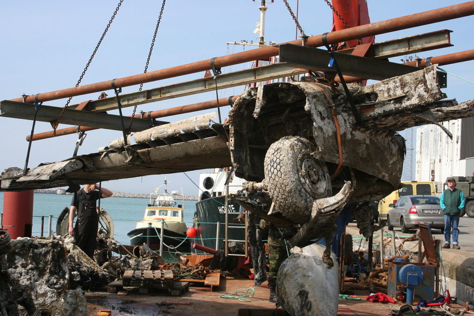 A wrecked He-219 in the process of recovery from off the Danish coast in 2012. This example is currently undergoing preservation at a museum in Jutland