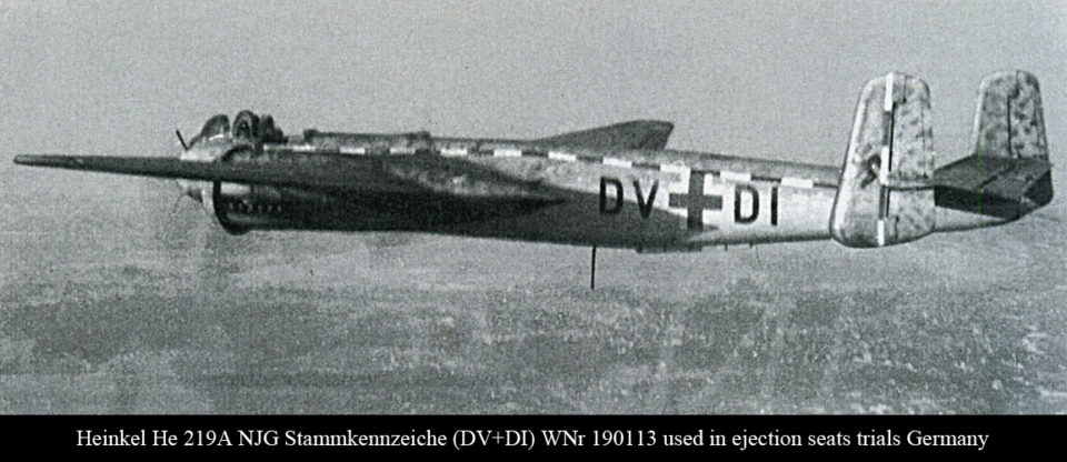 Heinkel He 219A NJG Stammkennzeiche (DV+DI) WNr 190113 used in ejection seats trials Germany