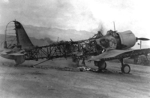 A destroyed Vindicator at Ewa field, the victim of one of the smaller attacks on the approach to Pearl Harbor