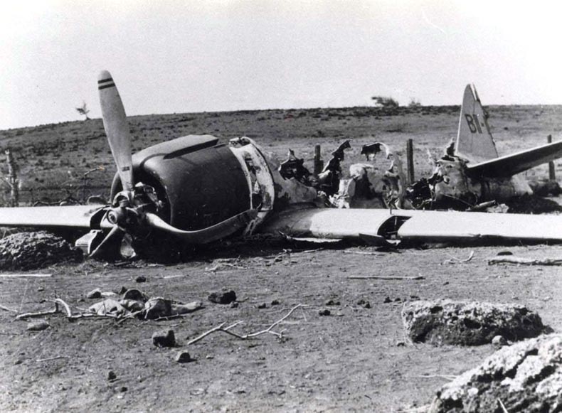 Petty Officer Shigenori Nishikaichi's aircraft shown ten days after it crashed