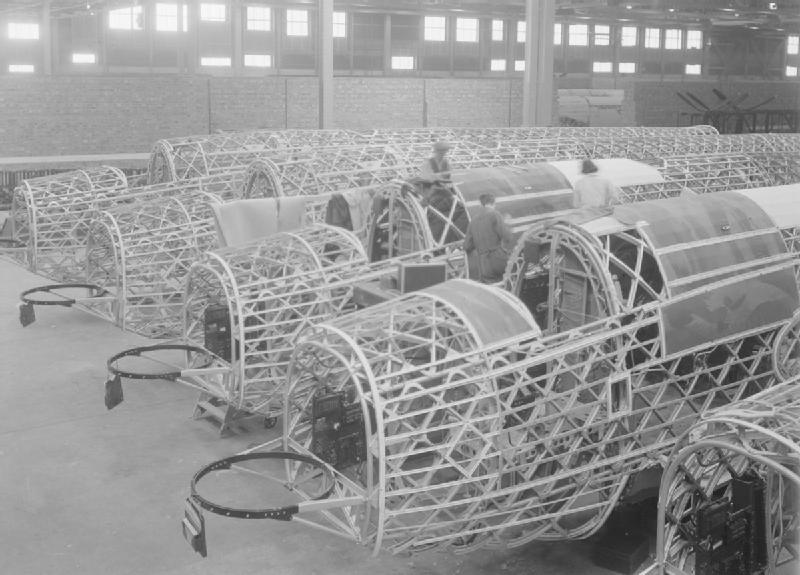 Wellingtons under construction, showing the geodesic airframe