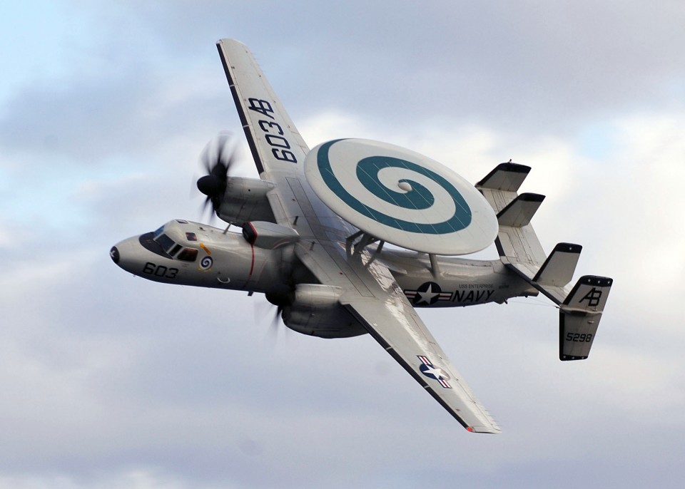 071217-N-4294K-008 ATLANTIC OCEAN (Dec. 17, 2007) An E-2C Hawkeye, attached to the "Screwtops" of Carrier Airborne Early Warning Squadron (VAW) 123, performs a fly-by for family and friends of crew members during an air power demonstration held by the nuclear-powered aircraft carrier USS Enterprise (CVN 65) during a three-day Tiger Cruise. Enterprise and embarked Carrier Air Wing (CVW) 1 are on a scheduled six-month deployment. U.S. Navy photo by Mass Communications Specialist 1st Class George R. Kusner (Released)