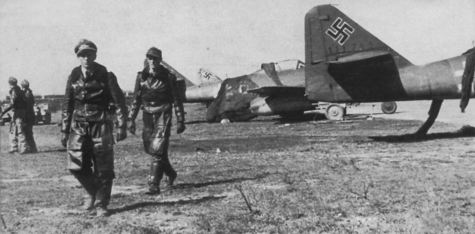 Luftwaffe pilots of Adolf Galland's legendary Jagdverband 44 JV 44 seen here at Munich-Riem Airport with their Messerschmitt Me 262 March April 1945