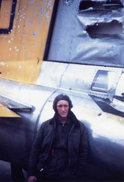 Tail gunner Clarence Jackson, uninjured, but a close call.