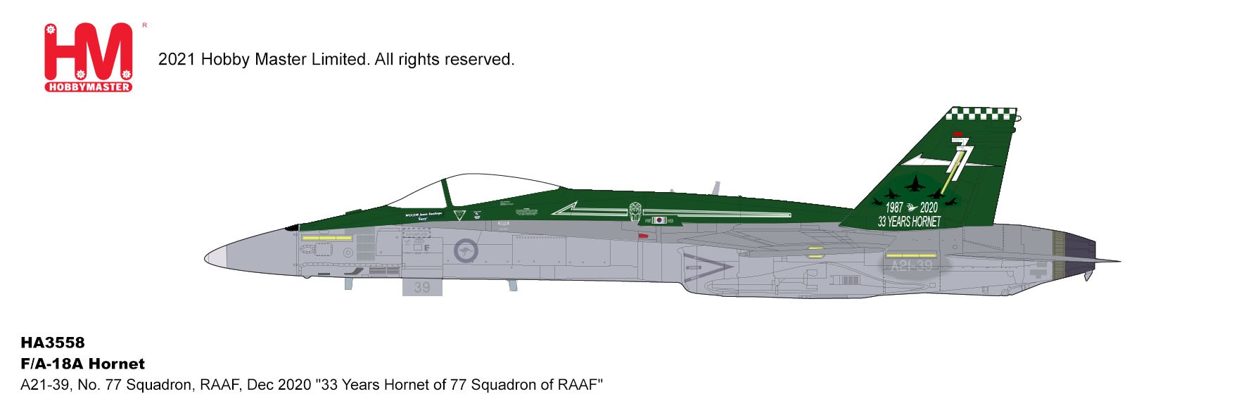 F/A-18A Hornet Royal Australian Air Force, No. 77 Sqn, Dec. 2020, "33 Years Hornet of 77 Squadron" (1:72)